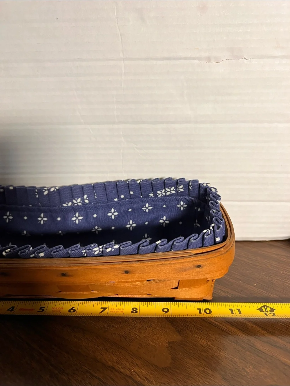 Longaberger Handwoven Brown Wood Basket with Navy Blue Fabric Liner